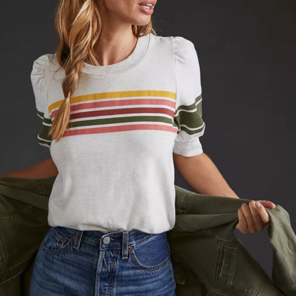 T.LA / ANTHROPOLOGIE Vitte Stripe Puff-Sleeve Pullover Sweatshirt - Large